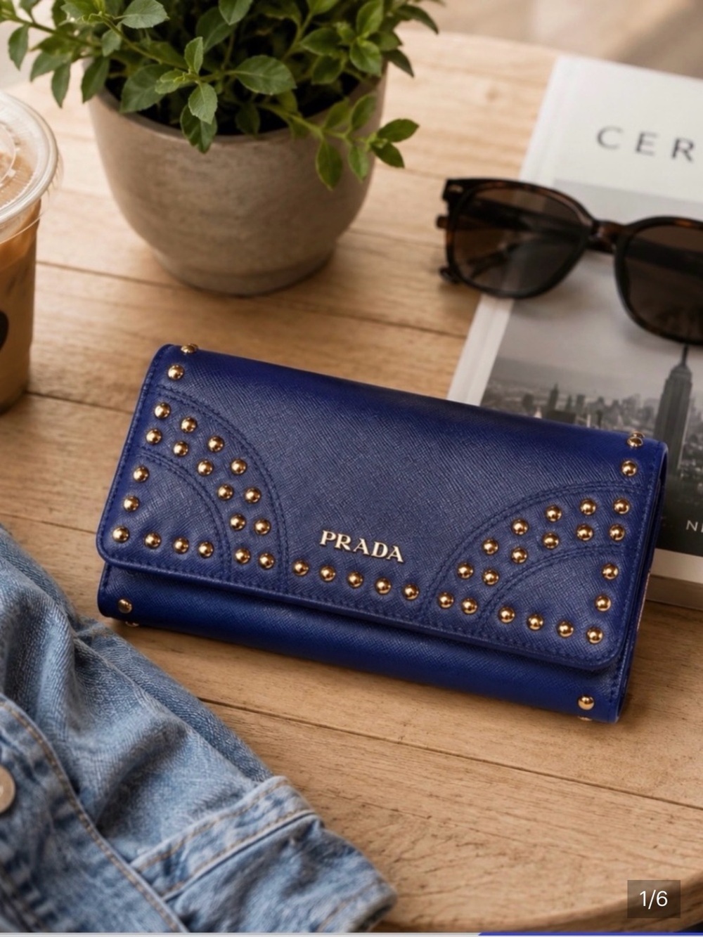 Authentic Prada Blue Studded Saffiano Wallet w/ COA & unbranded Chain 💙✨